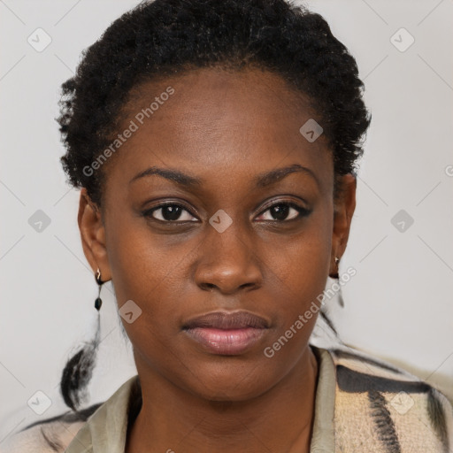 Neutral black young-adult female with short  brown hair and brown eyes