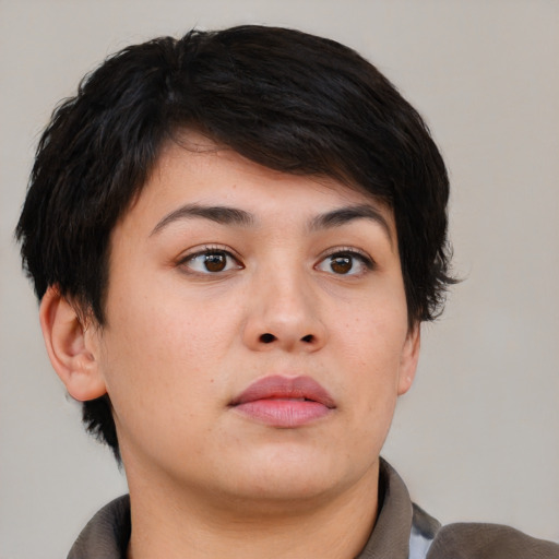 Neutral asian young-adult female with short  brown hair and brown eyes