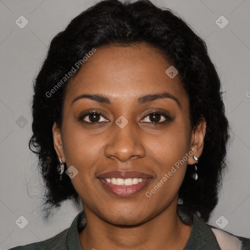 Joyful black young-adult female with medium  black hair and brown eyes