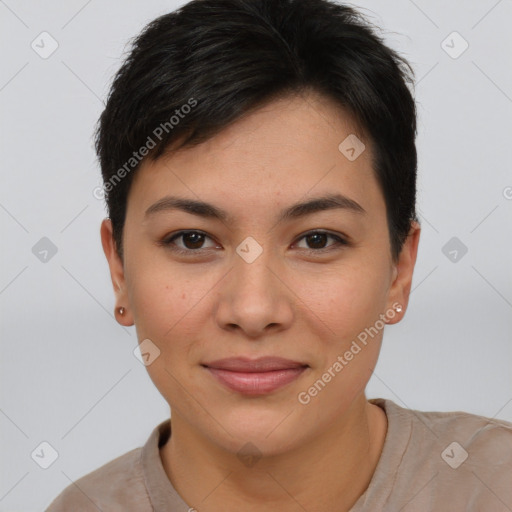 Joyful asian young-adult female with short  brown hair and brown eyes