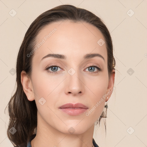 Neutral white young-adult female with long  brown hair and grey eyes