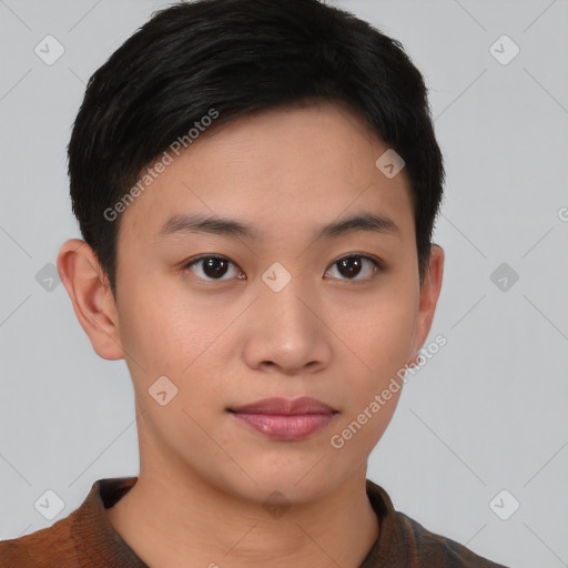 Neutral asian young-adult female with short  black hair and brown eyes