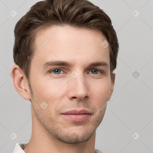 Neutral white young-adult male with short  brown hair and grey eyes