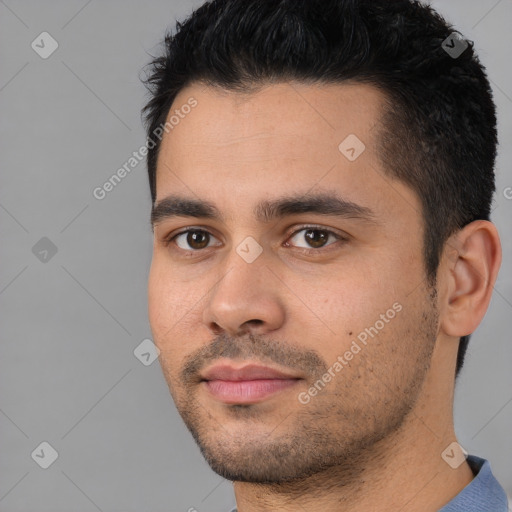 Neutral white young-adult male with short  black hair and brown eyes