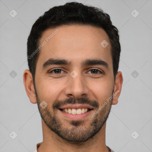 Joyful white young-adult male with short  brown hair and brown eyes