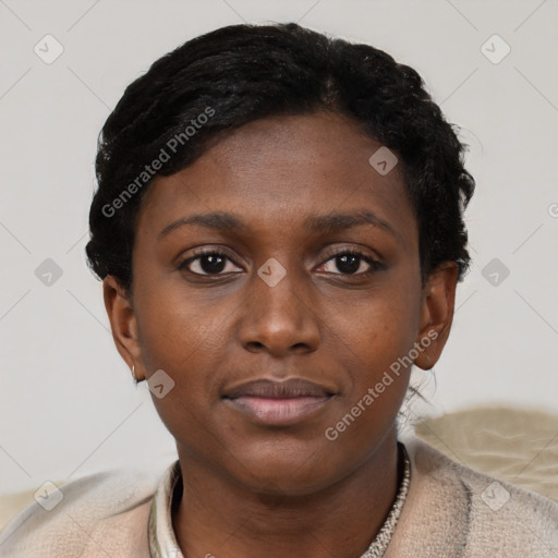Neutral black young-adult female with short  brown hair and brown eyes