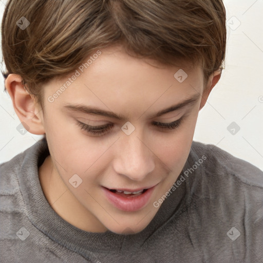 Joyful white child female with short  brown hair and brown eyes