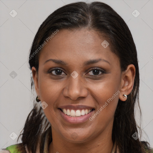 Joyful white young-adult female with long  brown hair and brown eyes