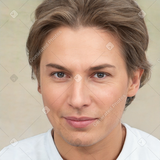 Joyful white adult female with short  brown hair and brown eyes