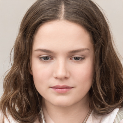 Neutral white child female with long  brown hair and brown eyes