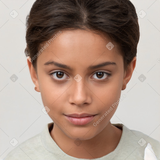 Joyful white child female with short  brown hair and brown eyes