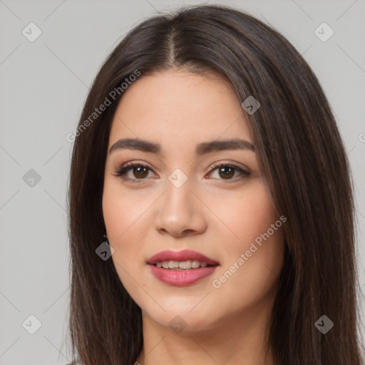 Joyful white young-adult female with long  brown hair and brown eyes