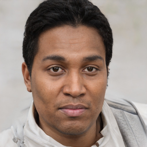 Joyful black young-adult male with short  black hair and brown eyes