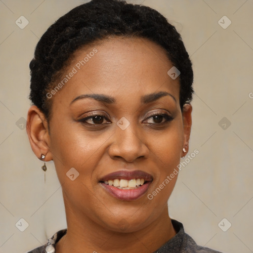 Joyful black young-adult female with short  brown hair and brown eyes