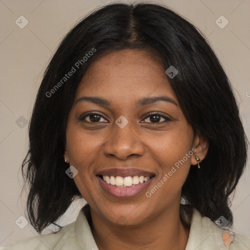 Joyful black young-adult female with medium  brown hair and brown eyes