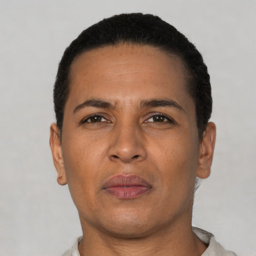 Joyful latino adult male with short  brown hair and brown eyes