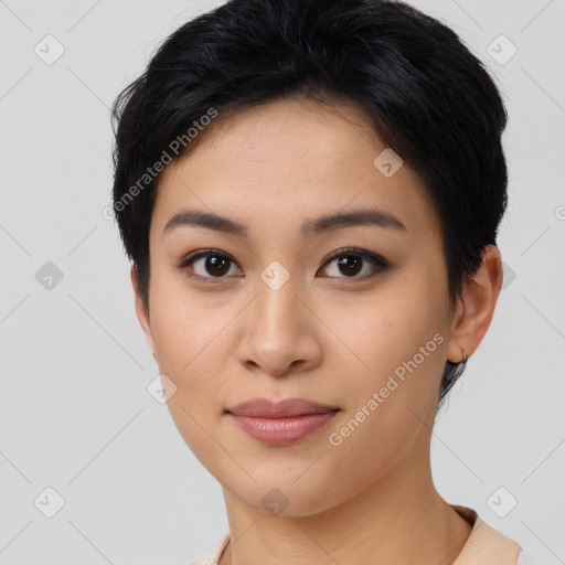 Joyful asian young-adult female with short  brown hair and brown eyes