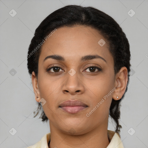 Joyful latino young-adult female with short  black hair and brown eyes