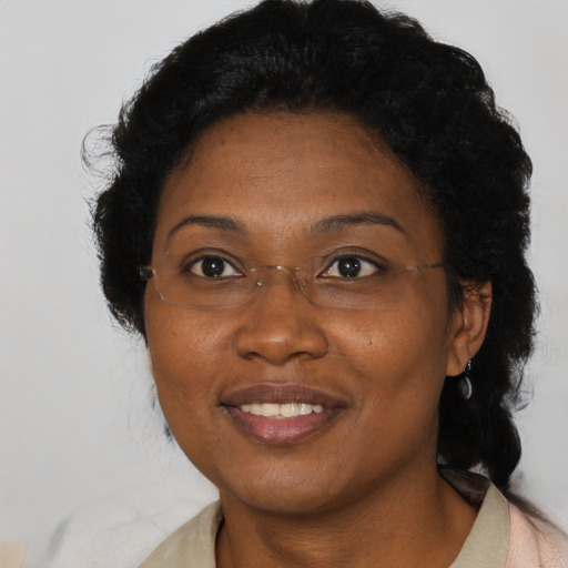 Joyful black adult female with short  brown hair and brown eyes