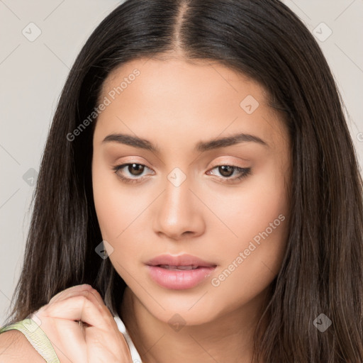 Neutral white young-adult female with long  brown hair and brown eyes