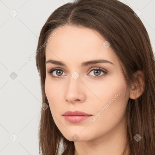 Neutral white young-adult female with long  brown hair and brown eyes