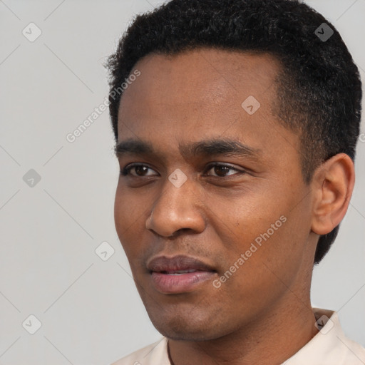 Neutral latino young-adult male with short  black hair and brown eyes