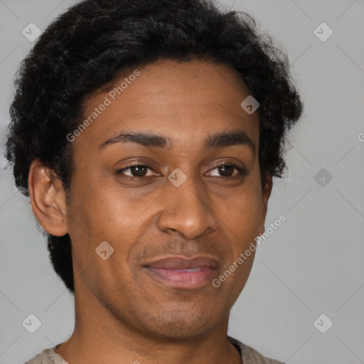 Joyful latino adult female with short  brown hair and brown eyes