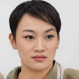 Neutral asian young-adult female with short  brown hair and brown eyes