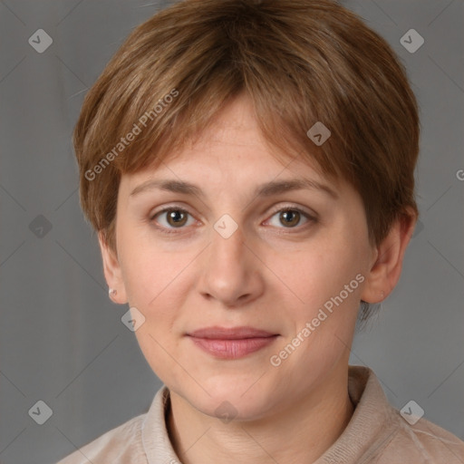 Joyful white young-adult female with short  brown hair and grey eyes