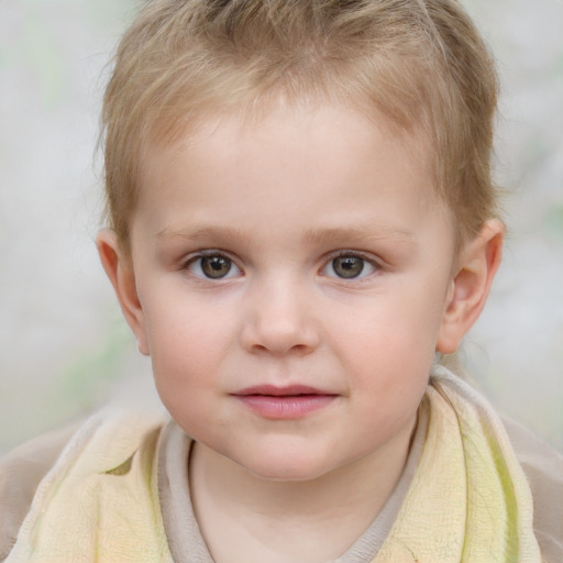 Joyful white child male with short  brown hair and grey eyes