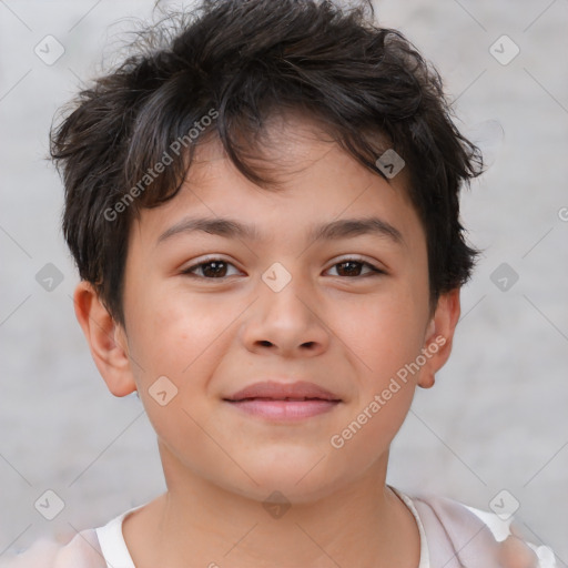 Joyful white child male with short  brown hair and brown eyes