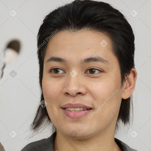 Joyful asian young-adult female with medium  brown hair and brown eyes
