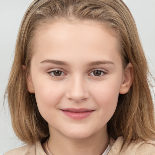 Joyful white child female with medium  brown hair and brown eyes