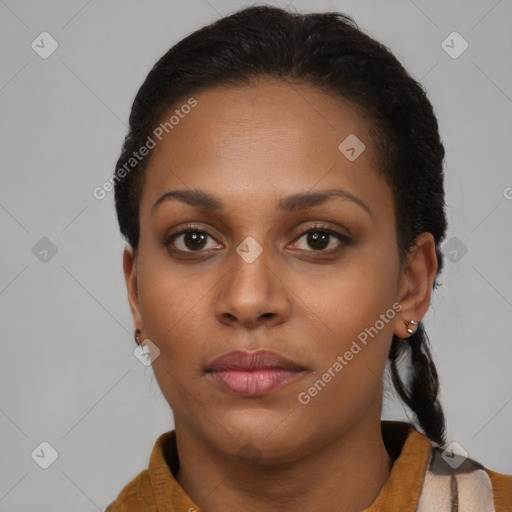 Neutral black young-adult female with short  brown hair and brown eyes