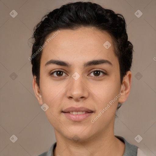 Joyful white young-adult female with short  brown hair and brown eyes