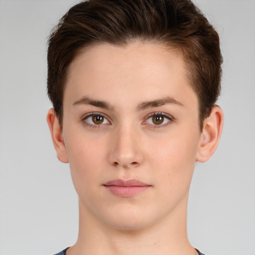 Neutral white young-adult female with short  brown hair and brown eyes