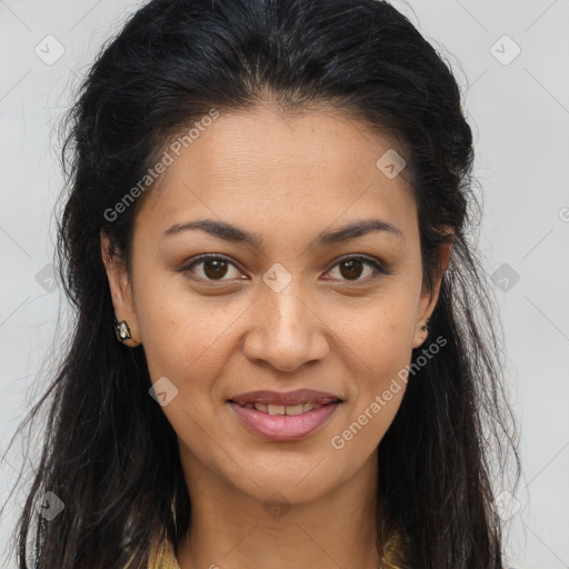 Joyful latino young-adult female with long  brown hair and brown eyes