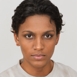 Neutral black young-adult female with short  brown hair and brown eyes