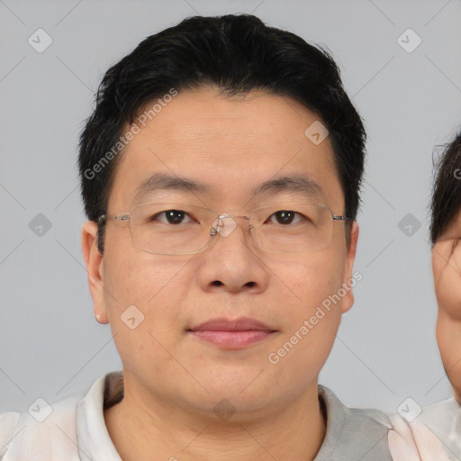 Neutral asian adult male with short  brown hair and brown eyes