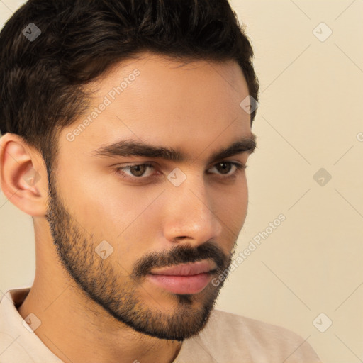 Neutral white young-adult male with short  brown hair and brown eyes