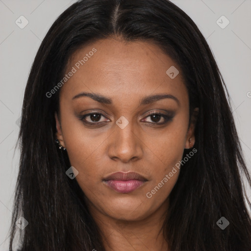 Neutral asian young-adult female with long  brown hair and brown eyes