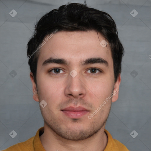 Neutral white young-adult male with short  brown hair and brown eyes