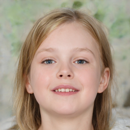 Joyful white child female with medium  brown hair and blue eyes