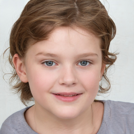 Joyful white child female with medium  brown hair and blue eyes