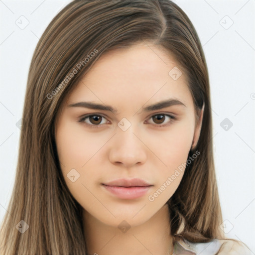 Neutral white young-adult female with long  brown hair and brown eyes