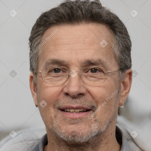 Joyful white middle-aged male with short  brown hair and brown eyes