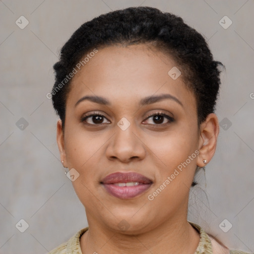 Joyful latino young-adult female with short  brown hair and brown eyes