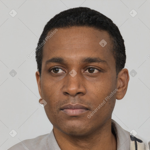 Neutral black young-adult male with short  black hair and brown eyes