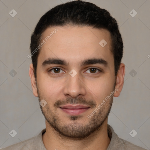 Joyful white young-adult male with short  brown hair and brown eyes