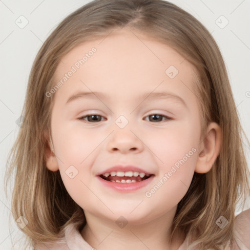 Joyful white child female with medium  brown hair and brown eyes